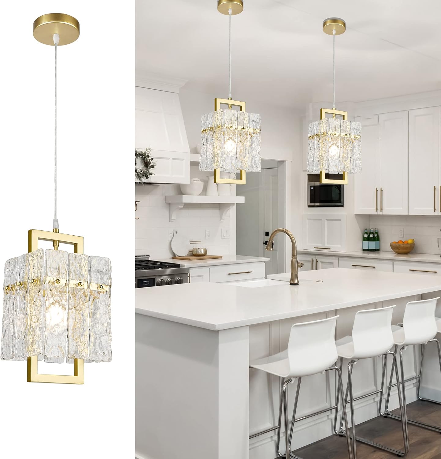 Lámpara colgante de cristal dorado para isla de cocina, lámpara de araña de vidrio ondulado de lujo, moderna y elegante iluminación colgante