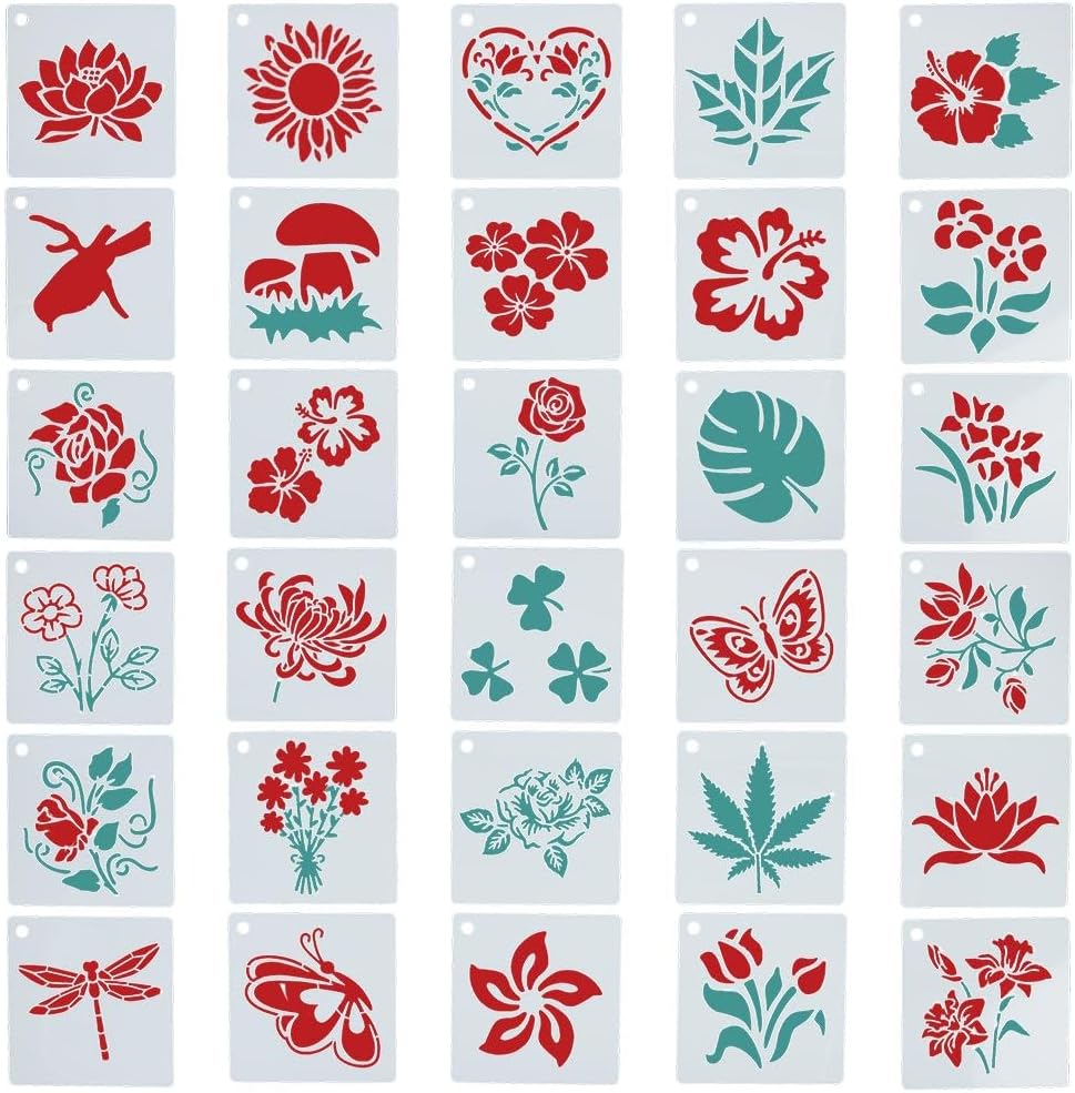 GORGECRAFT Plantillas de flores de 3 pulgadas, 30 estilos, pintura reutilizable, plantillas de dibujo floral, plantillas decorativas de plástico