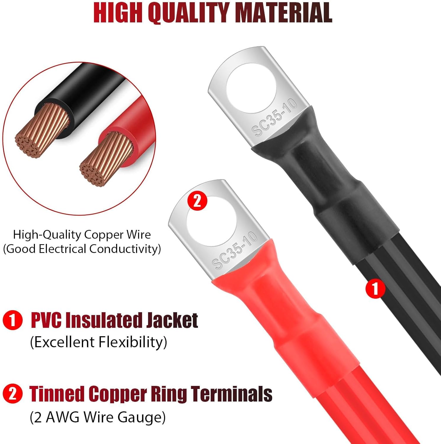 Linkstyle 6 cables de batería 2 AWG, cable de batería automático con terminales de 38 pulgadas, cable de cobre, cables de batería rojos y negros