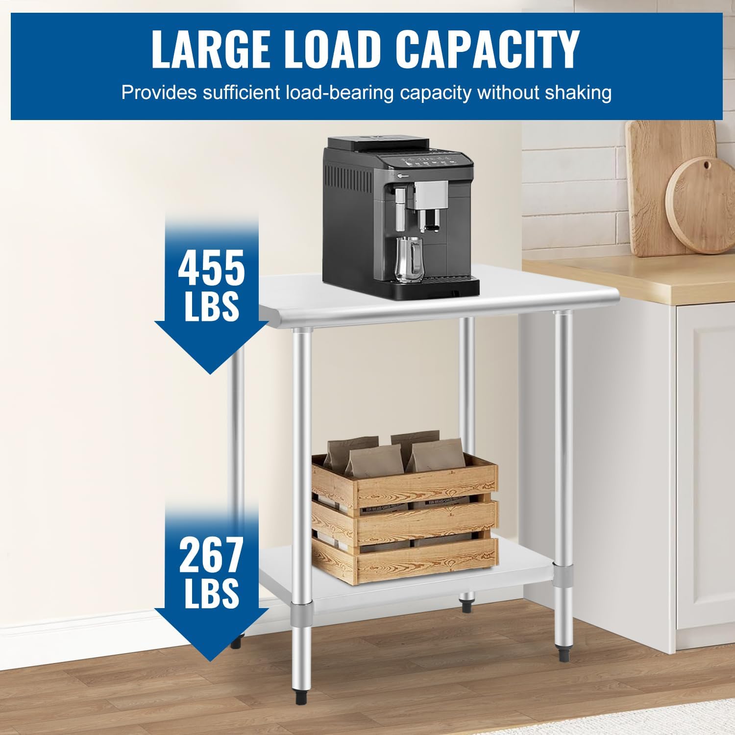 FDW – Mesa de trabajo ajustable de acero inoxidable resistente a los rayones para uso comercial, cocina o para organización y almacenamiento, Acero