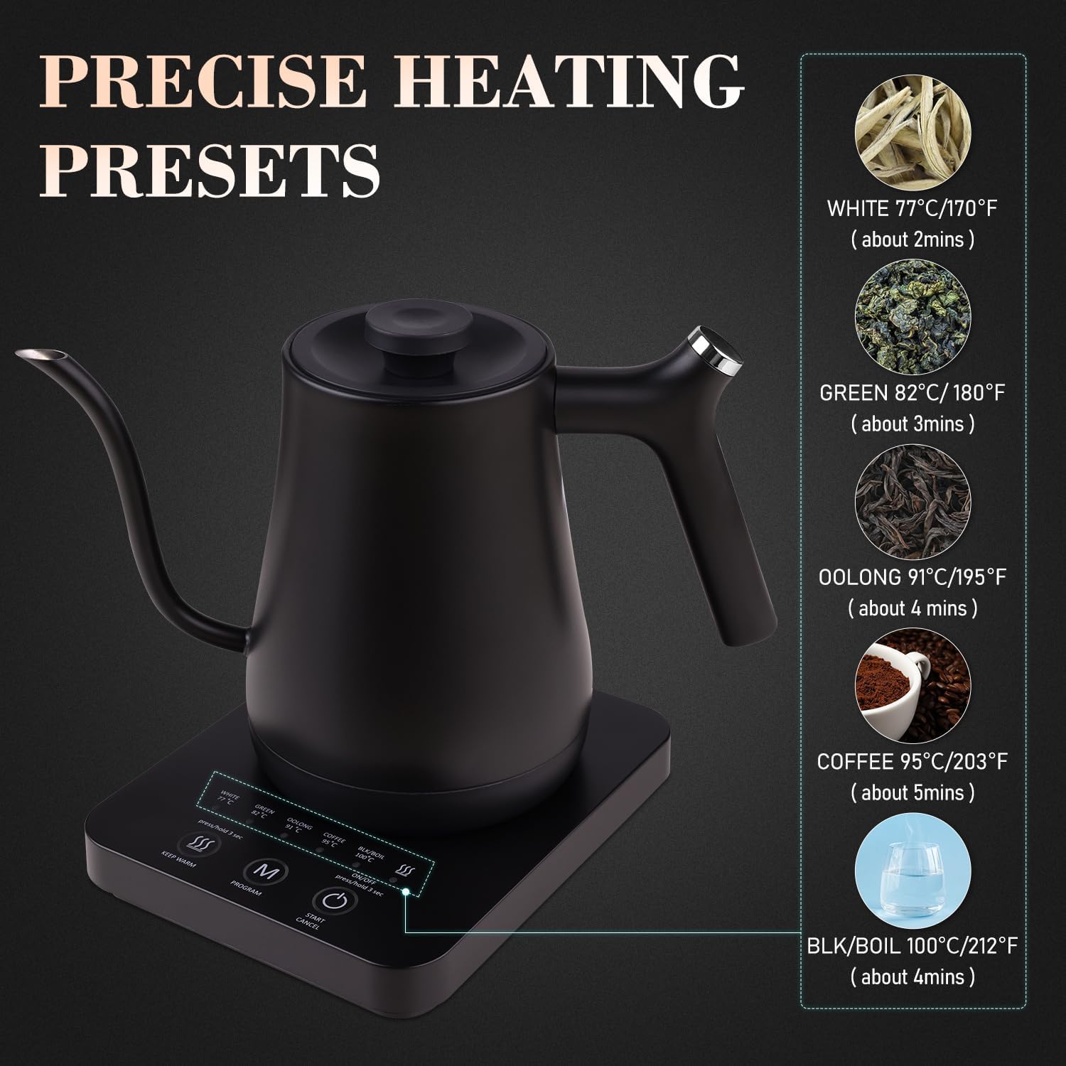 Huogary Hervidor eléctrico de cuello de cisne, tetera para verter sobre la tetera y tetera, hervidor de temperatura variable para café y té,