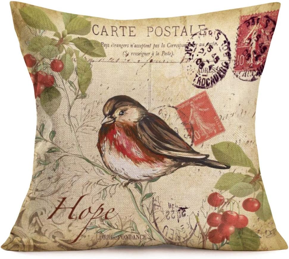 Fundas de almohada decorativas vintage francesas con diseño de pájaro esponjoso con diseño de bayas y hojas verdes, rústicas, encantadoras, con