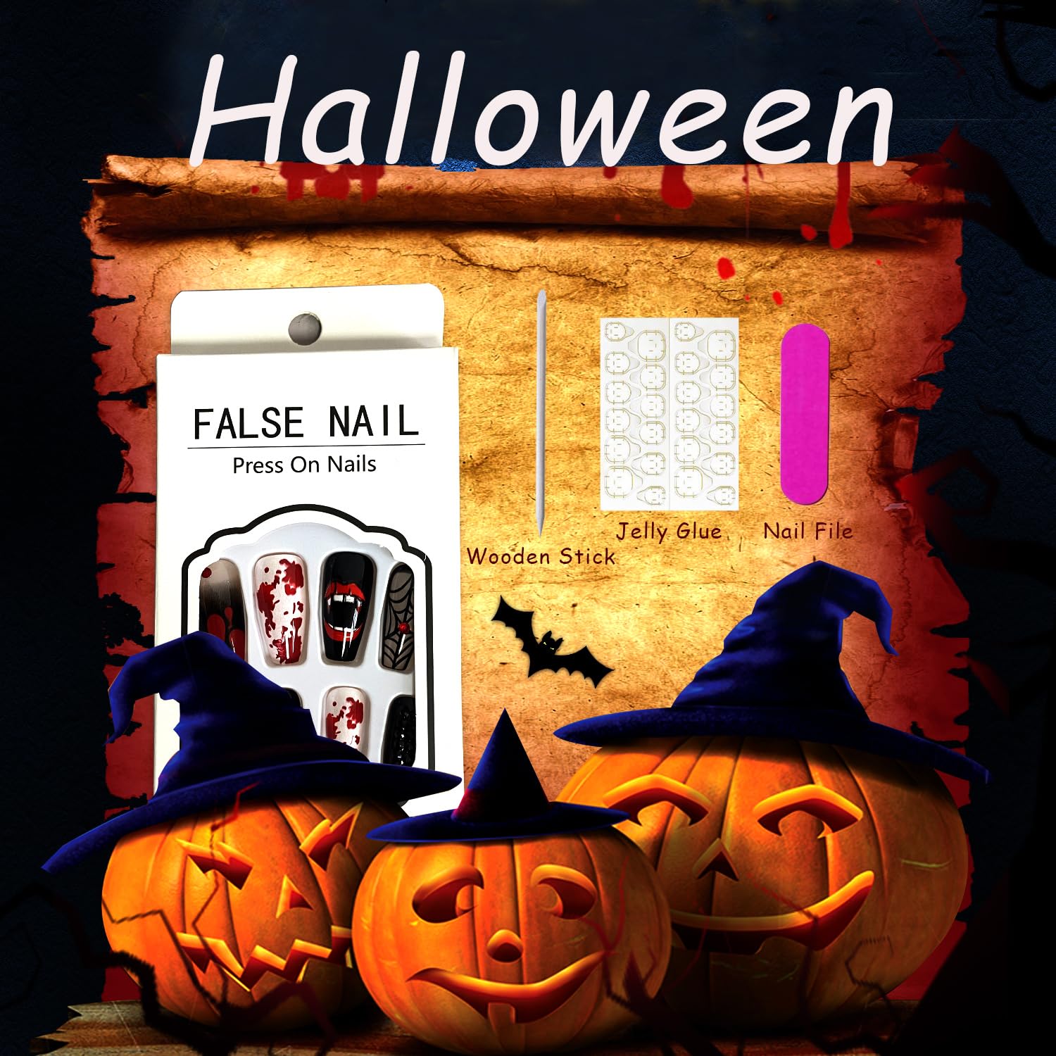 Uñas postizas a presión para Halloween, diseño de telaraña, con forma de araña y gota de sangre, uñas largas de terror, uñas artificiales para el