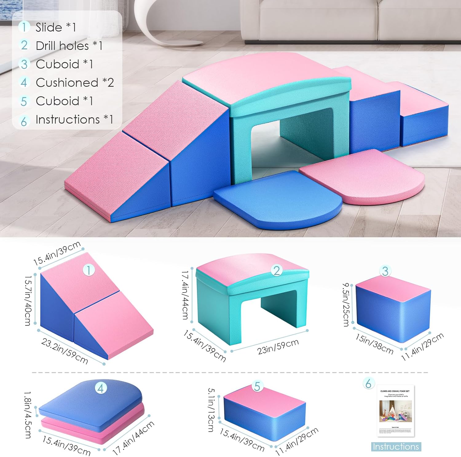 Bloques de escalada de espuma para niños pequeños, 6 piezas de juguetes de escalada suaves, juego de espuma para gatear y escalar con túnel, patio