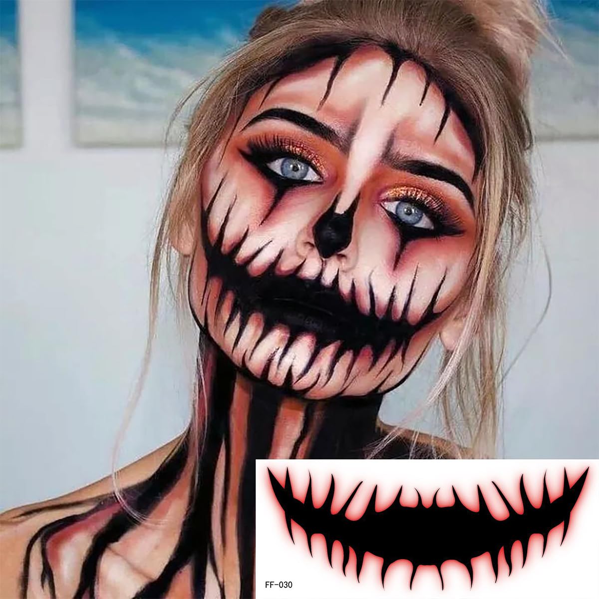 10 hojas de calcomanías temporales de Halloween para tatuajes de broma, para la cara, calcomanías temporales de boca de payaso de terror, heridas de