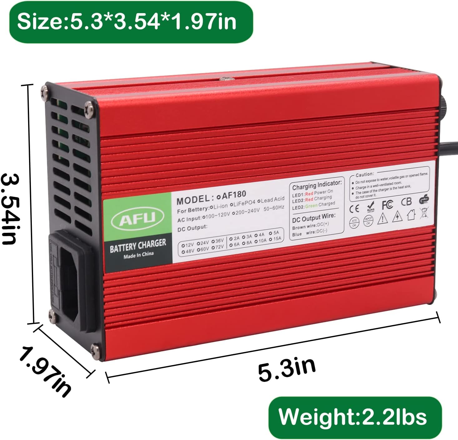 54.6V 3A Li-ion Batería 13S 48V Cargador de batería de litio Cargador inteligente Caja de aluminio rojo con 3pin macho RPG0021 Plug