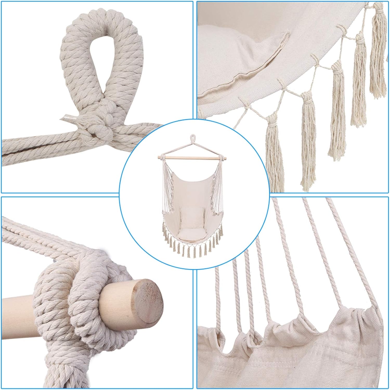 Silla hamaca colgante con cuerda oscilante, almohada colgante con borlas, máximo 330 libras, 2 cojines incluidos, silla colgante grande de macramé