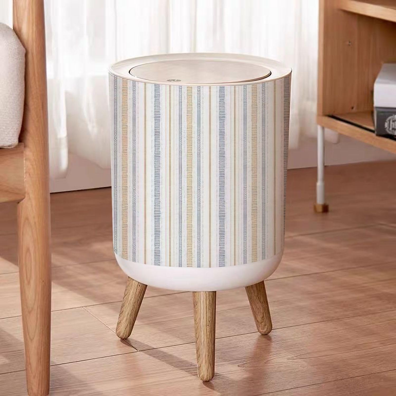 Bote de basura pequeño con tapa para baño, cocina, oficina, pañal sin costuras, diseño de rayas de cocina francesa, patrón de tela, estampado azul,