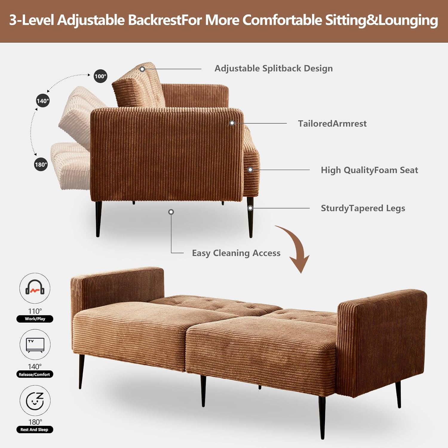 Cpintltr Sofá biplaza de terciopelo de 74 pulgadas, sofá cama convertible con patas de metal cónicas tapizadas, asientos muebles para sala de estar,