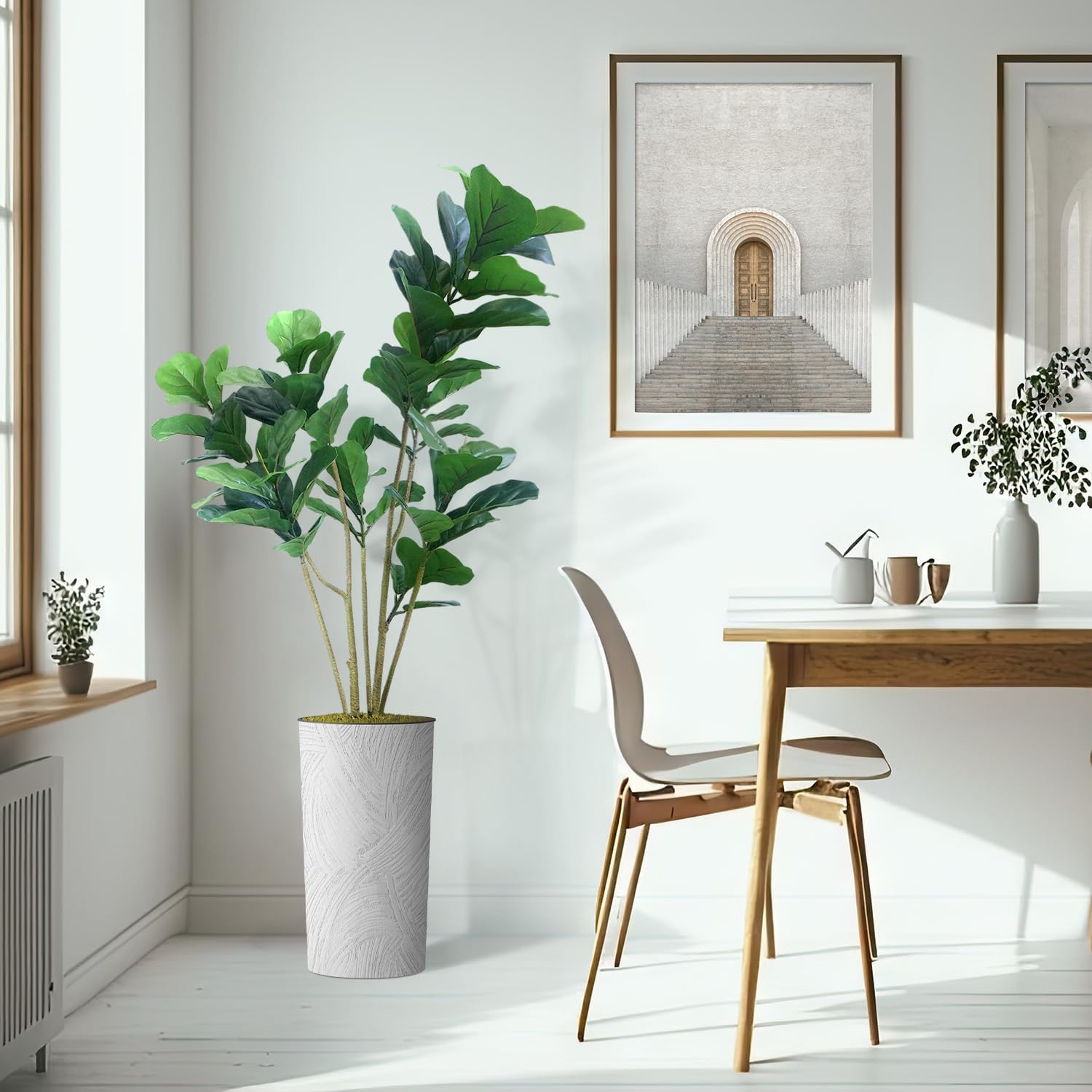 Árbol artificial en macetero con efecto de mármol blanco, Ficus Lyrata falso de seda para decoración del hogar en interiores y exteriores, altura