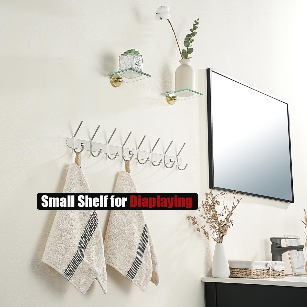JQK Pequeños estantes flotantes de vidrio dorado, repisas de exhibición de 4 pulgadas para pared, mini decoración, sala de estar, dormitorio, baño,