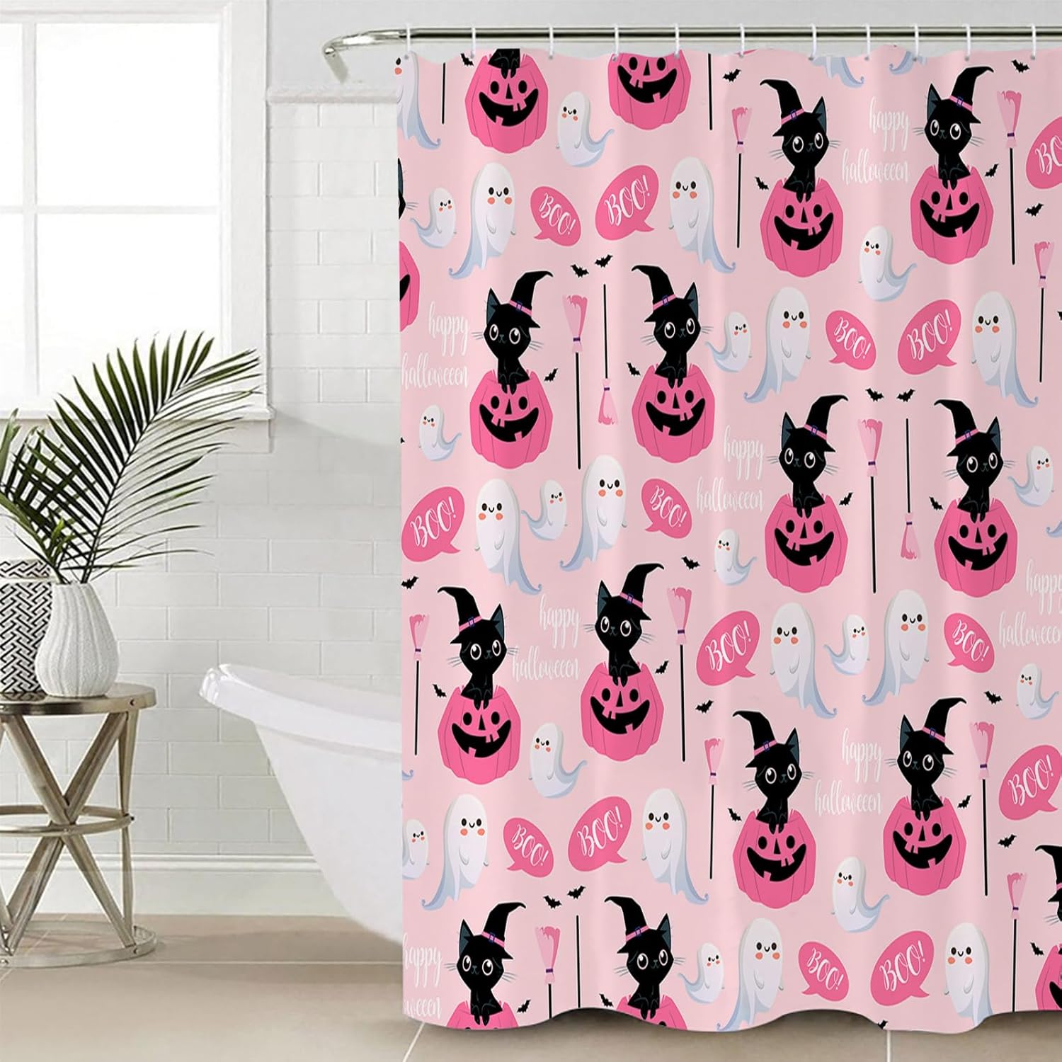 Juego de baño de Halloween con cortina de ducha y accesorios  36 x 72 pulgadas de largo, cortina impermeable con alfombra de baño pequeña, alfombra