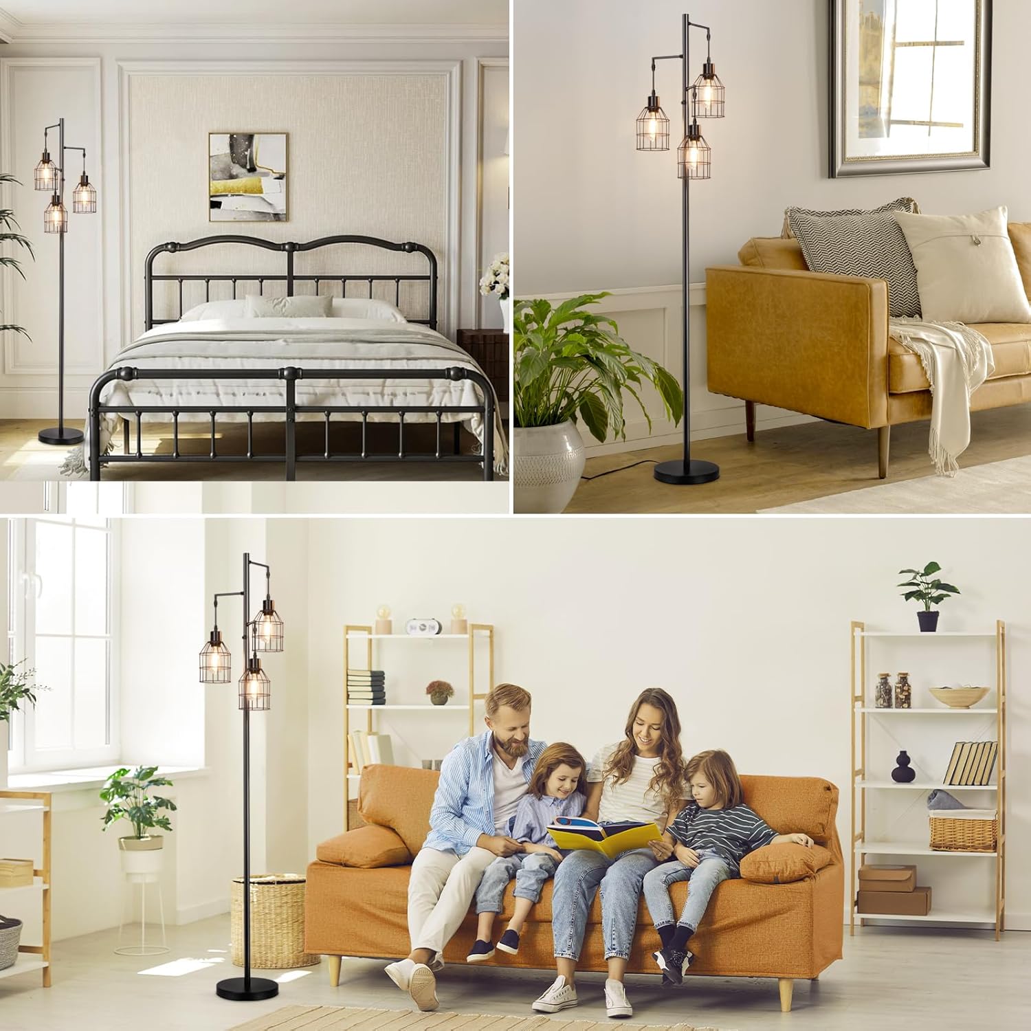 Sucolite Lámpara de pie regulable de 69 pulgadas para sala de estar, lámpara de pie industrial de árbol de 3 luces, color negro con jaulas, lámpara