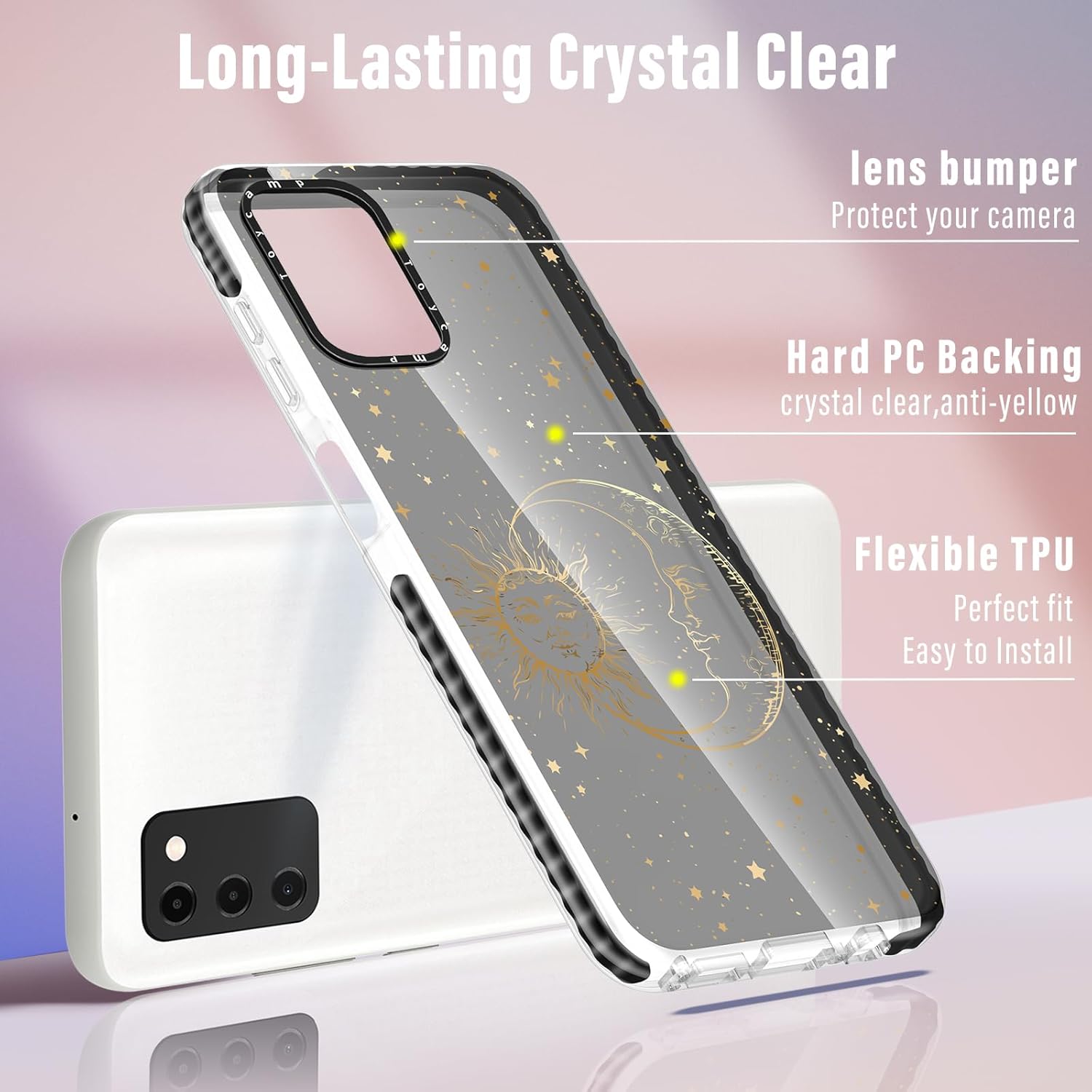 Toycamp Funda para teléfono Samsung Galaxy A03S con soporte de anillo, diseño de fantasía con purpurina de sol, luna, estrellas, fantasía para