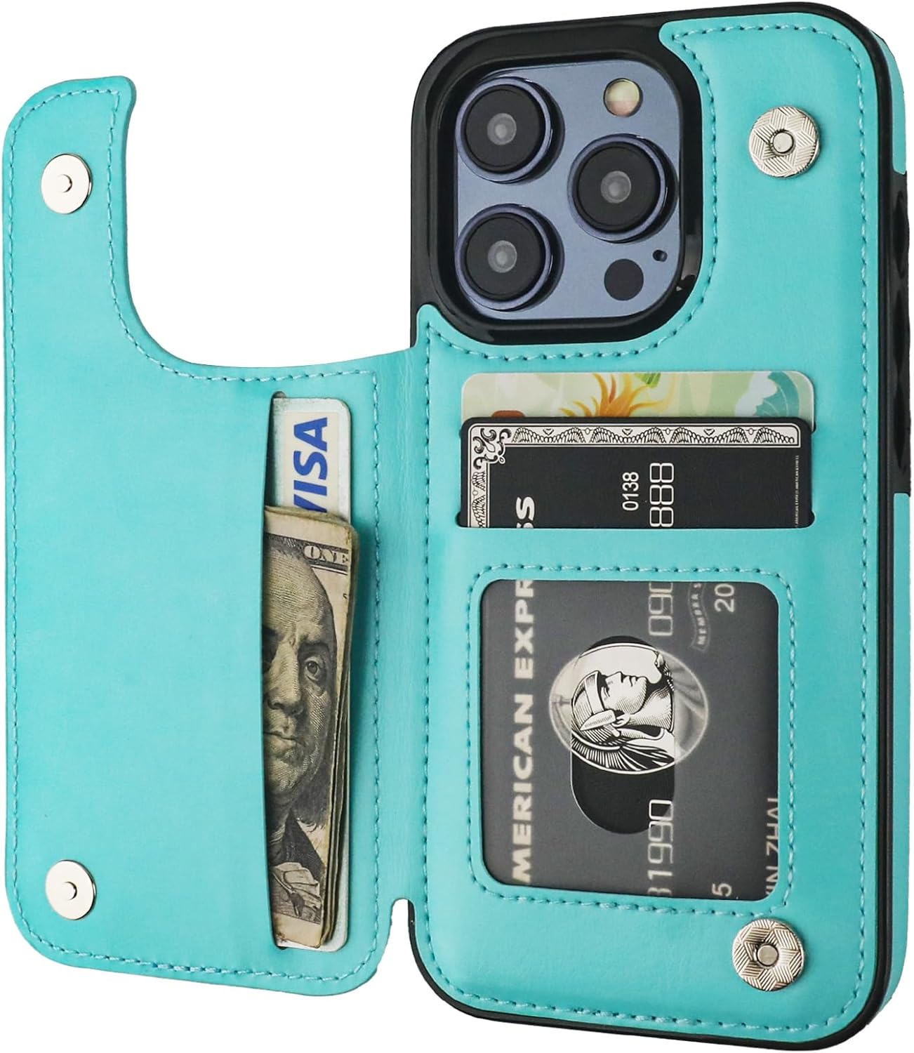 Funda tipo cartera compatible con iPhone 15 Pro con soporte para tarjetas, funda de piel sintética con ranuras para tarjetas, doble cierre magnético