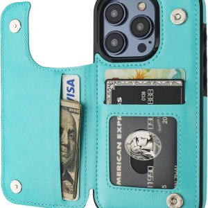 Funda tipo cartera compatible con iPhone 15 Pro con soporte para tarjetas, funda de piel sintética con ranuras para tarjetas, doble cierre magnético Funda tipo cartera compatible con iPhone 15 Pro con soporte para tarjetas, funda de piel sintética con ranuras para tarjetas, doble cierre magnético