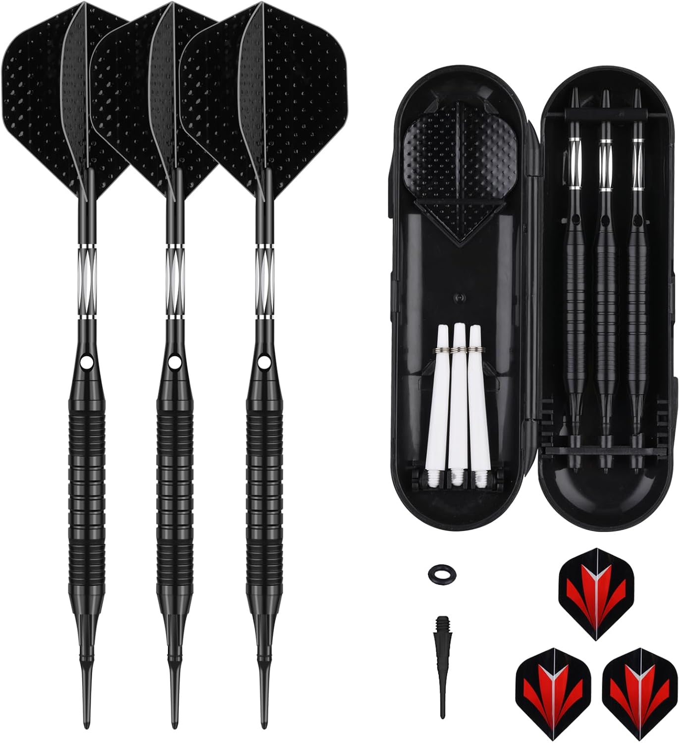sanfeng Juego de puntas de plástico para dardos  0.63 oz 0.74 oz colorido arco iris punta suave dardos 50 juntas tóricas antisueltas 6 ejes