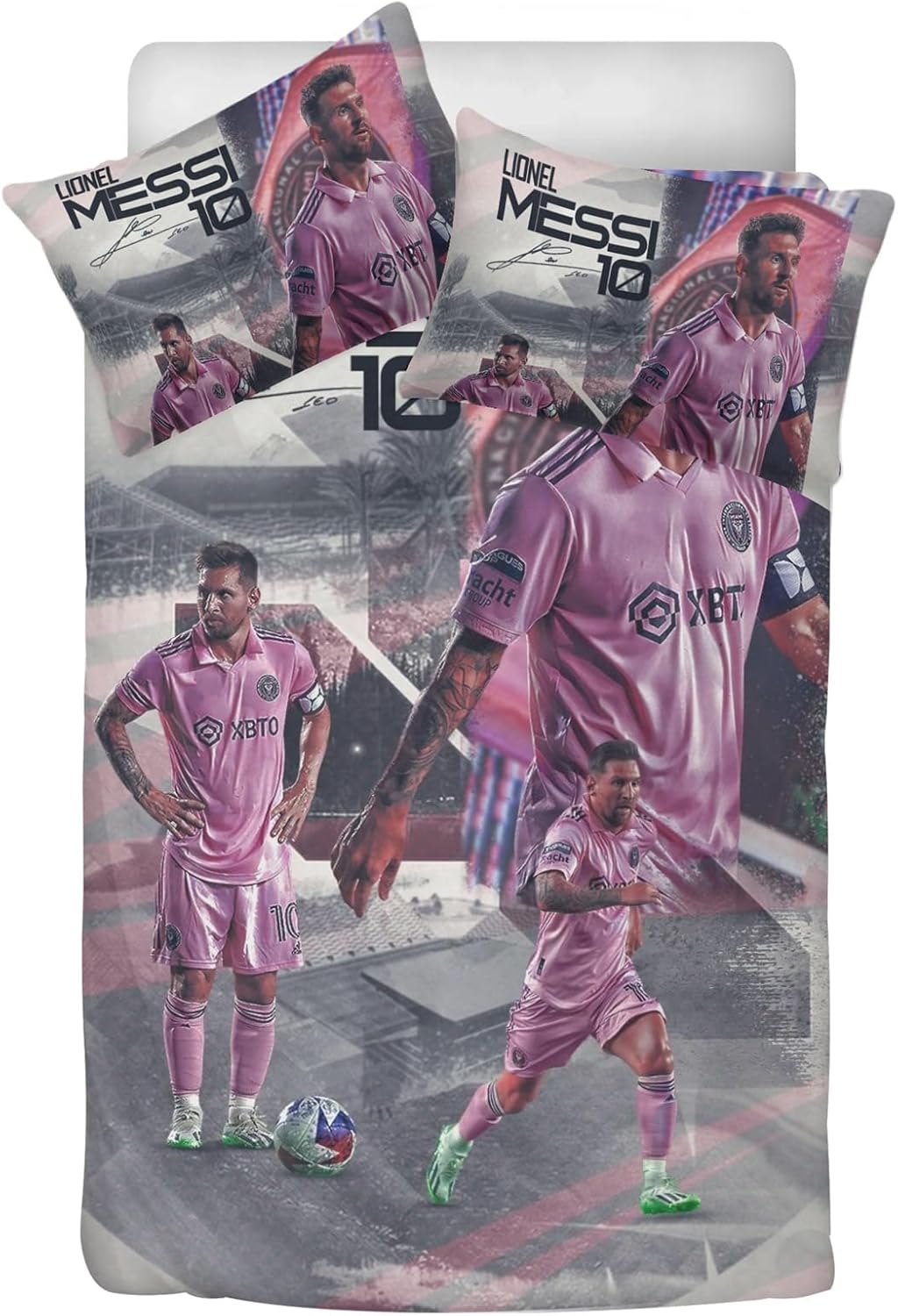 Juego de funda de edredón de fútbol Miami para niños, tamaño matrimonialqueen, 3 piezas, ropa de cama rosa ultrasuave, juego de funda de edredón de