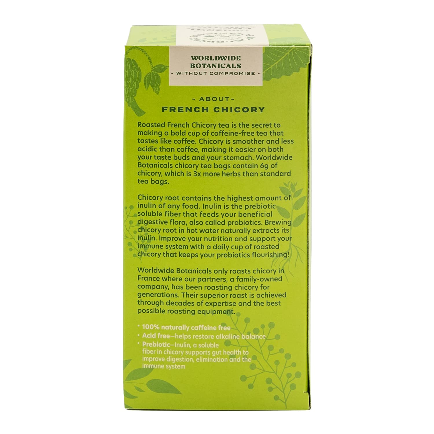 Worldwide Botanicals Té orgánico de raíz de achicoria francesa  3 hierbas con 0.23 onzas por bolsa de té  Té de hierbas tostadas prebiótico  Sin