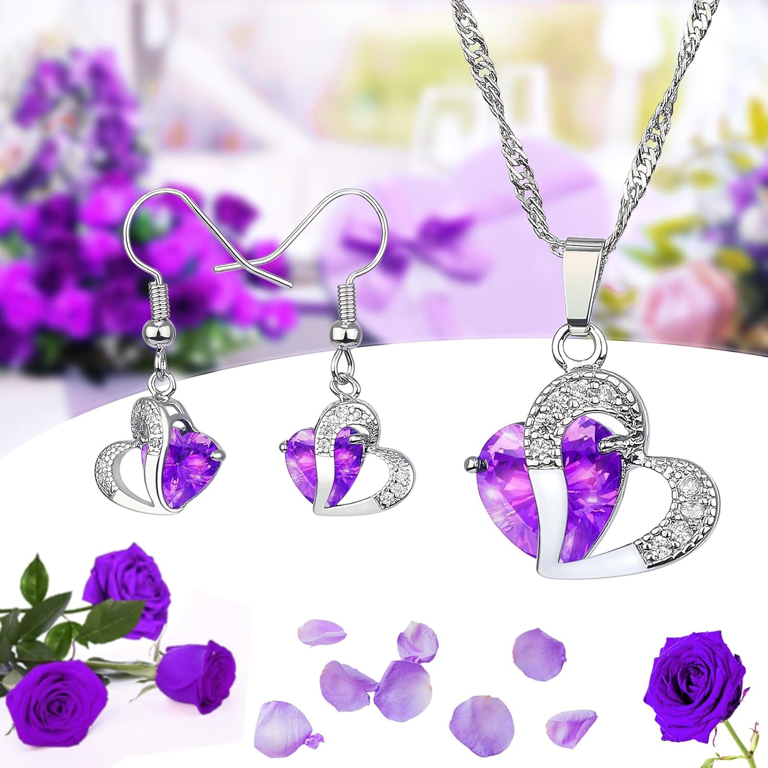 AK KYC Flor preservada, rosa, flores eternas, regalos para el día de San Valentín, incluye un exquisito collar y aretes para esposa, novia, para