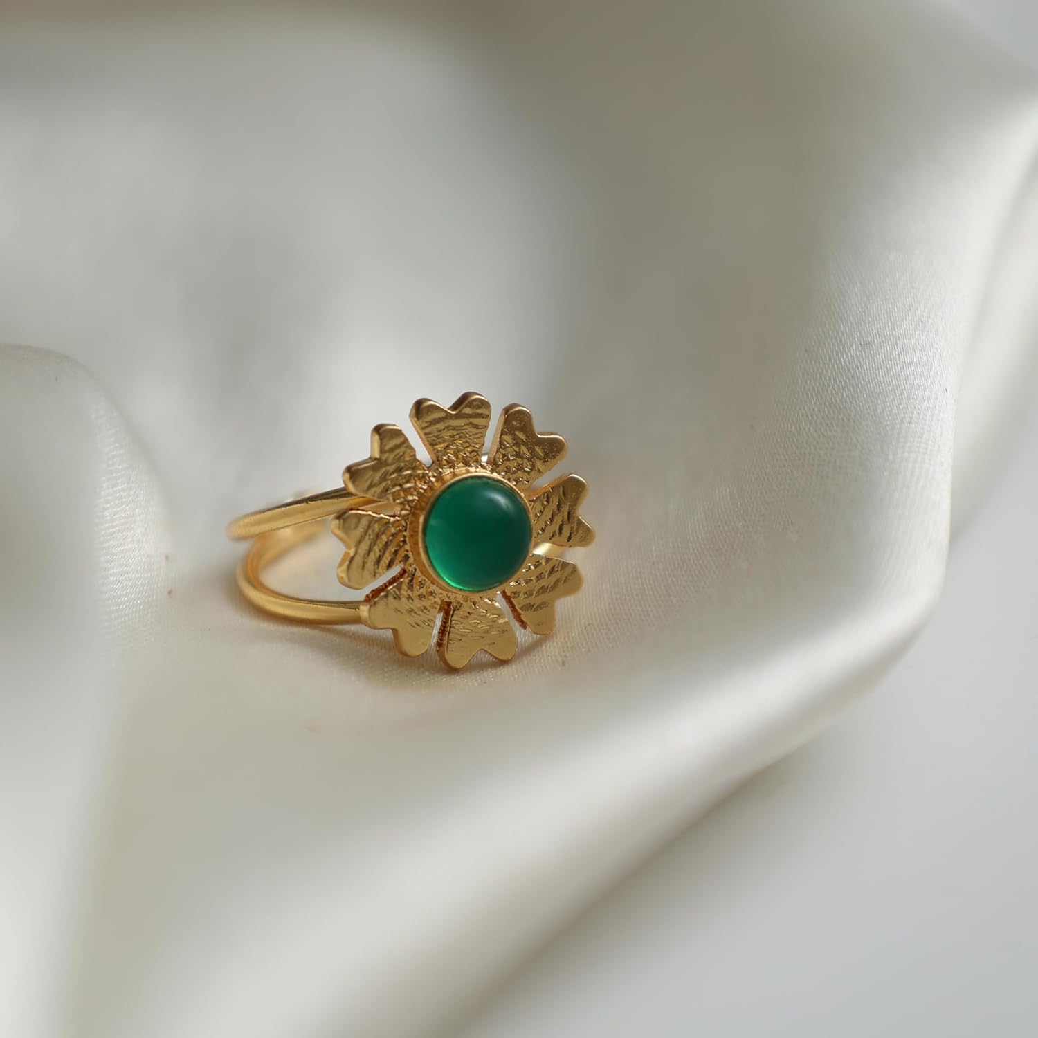 Gempires Green Onyx Ring, Hammered Flower Ring, Adjustable US Size 6 to US Size 9 Ring, Womens Jewelry, Hypoallergenic 14k Gold Plated, Lightweight,