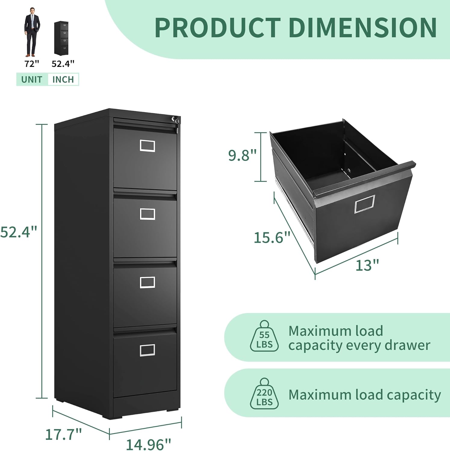 Archivador de 4 cajones, archivadores verticales de metal con cerradura para oficina en casa, archivador de acero de oficina resistente para colgar