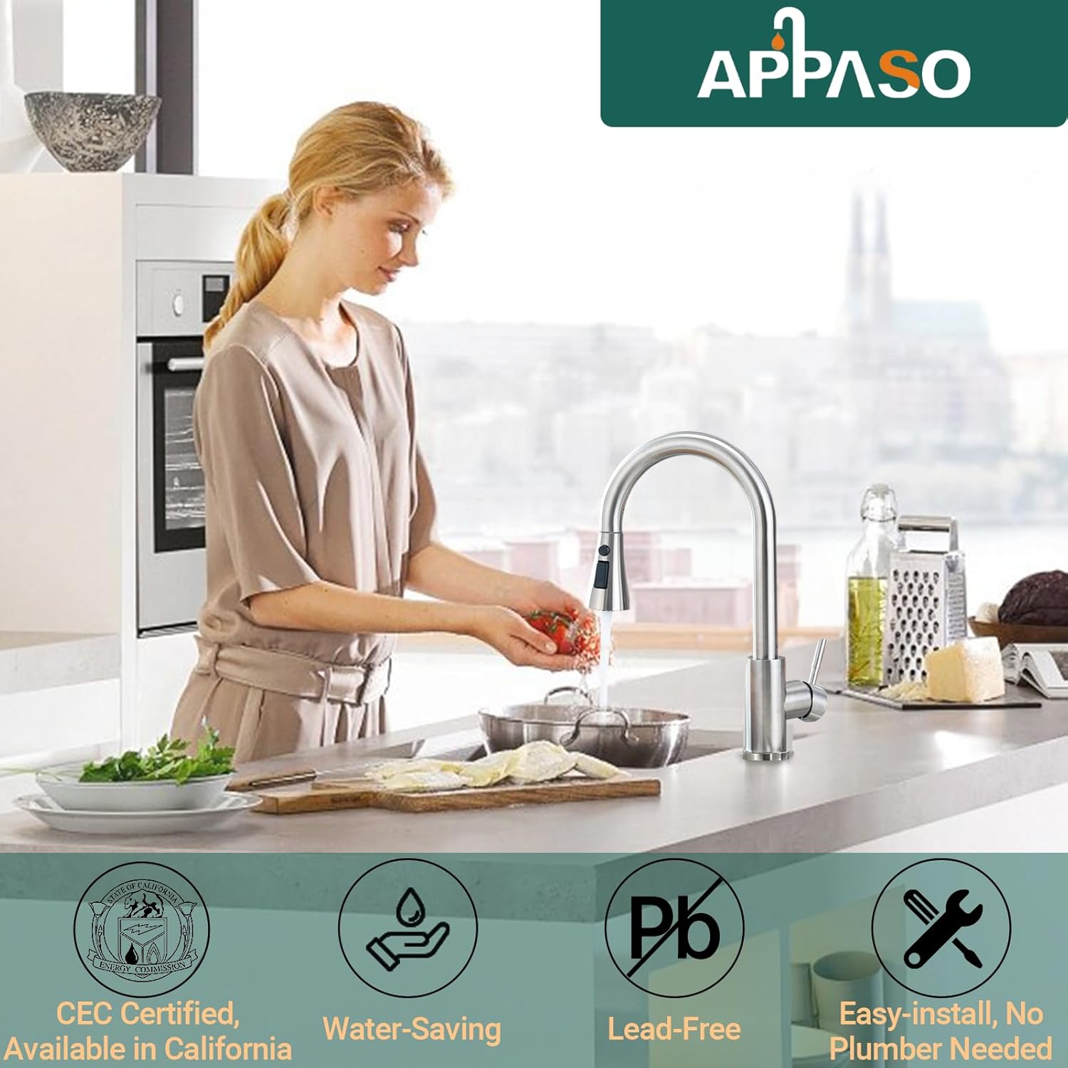 APPASO Grifo de cocina con dispensador de jabón, grifo de cocina de níquel cepillado con rociador desplegable (3 modos), acero inoxidable 304 de