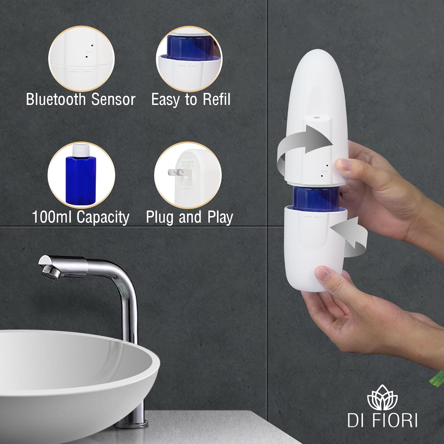 DI FIORI – Difusor inteligente de aroma sin agua – Bluetooth – Difusor de aromaterapia, portátil enchufable, difusor de aceite esencial para