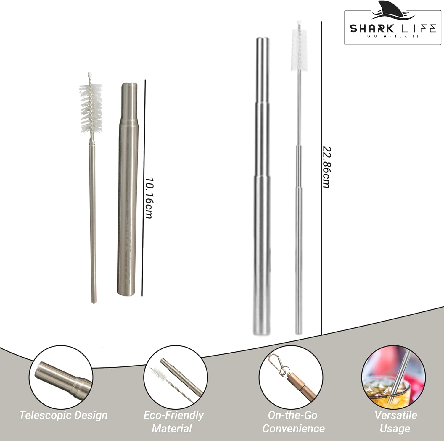 SharkLife – Pajita telescópica de viaje reutilizable con estuche, un cepillo de limpieza y boquilla de silicona suave, popote de acero inoxidable,