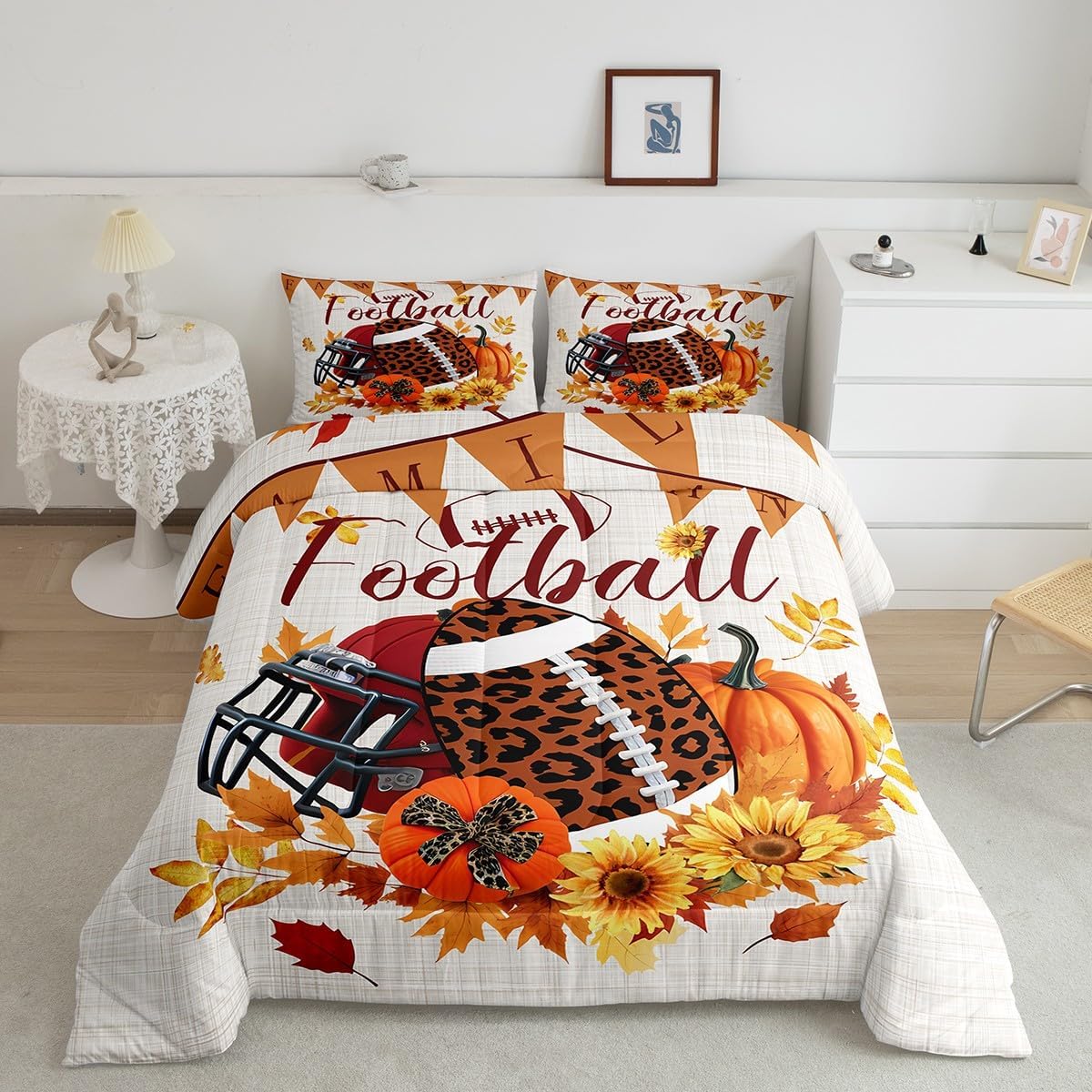 TYTS8656ZMD-BZ_USq – Juego de edredón de fútbol americano, diseño de girasoles de calabaza otoñal, tamaño Queen, juegos deportivos de dibujos