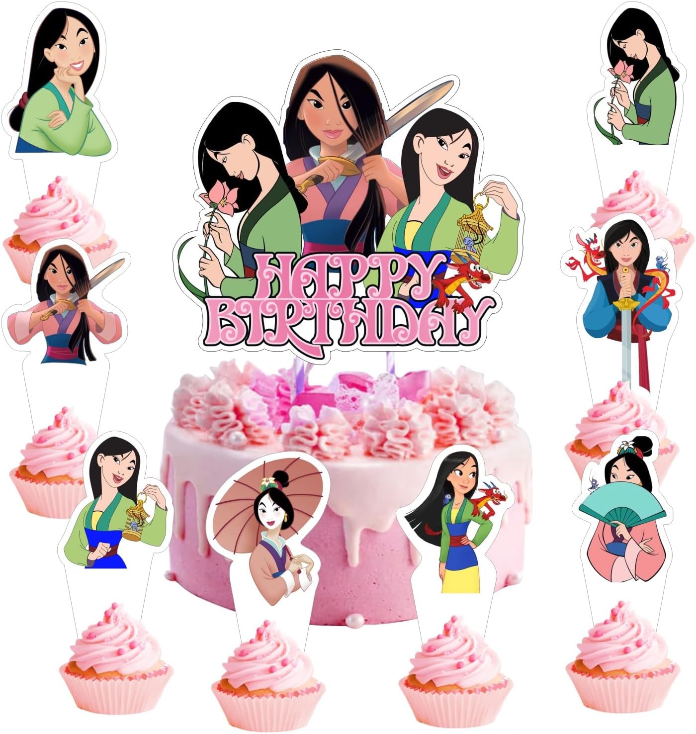 Mulan – Decoraciones de fiesta de cumpleaños con 25 piezas de decoración para pasteles y cupcakes para suministros de fiesta de cumpleaños de Mulan