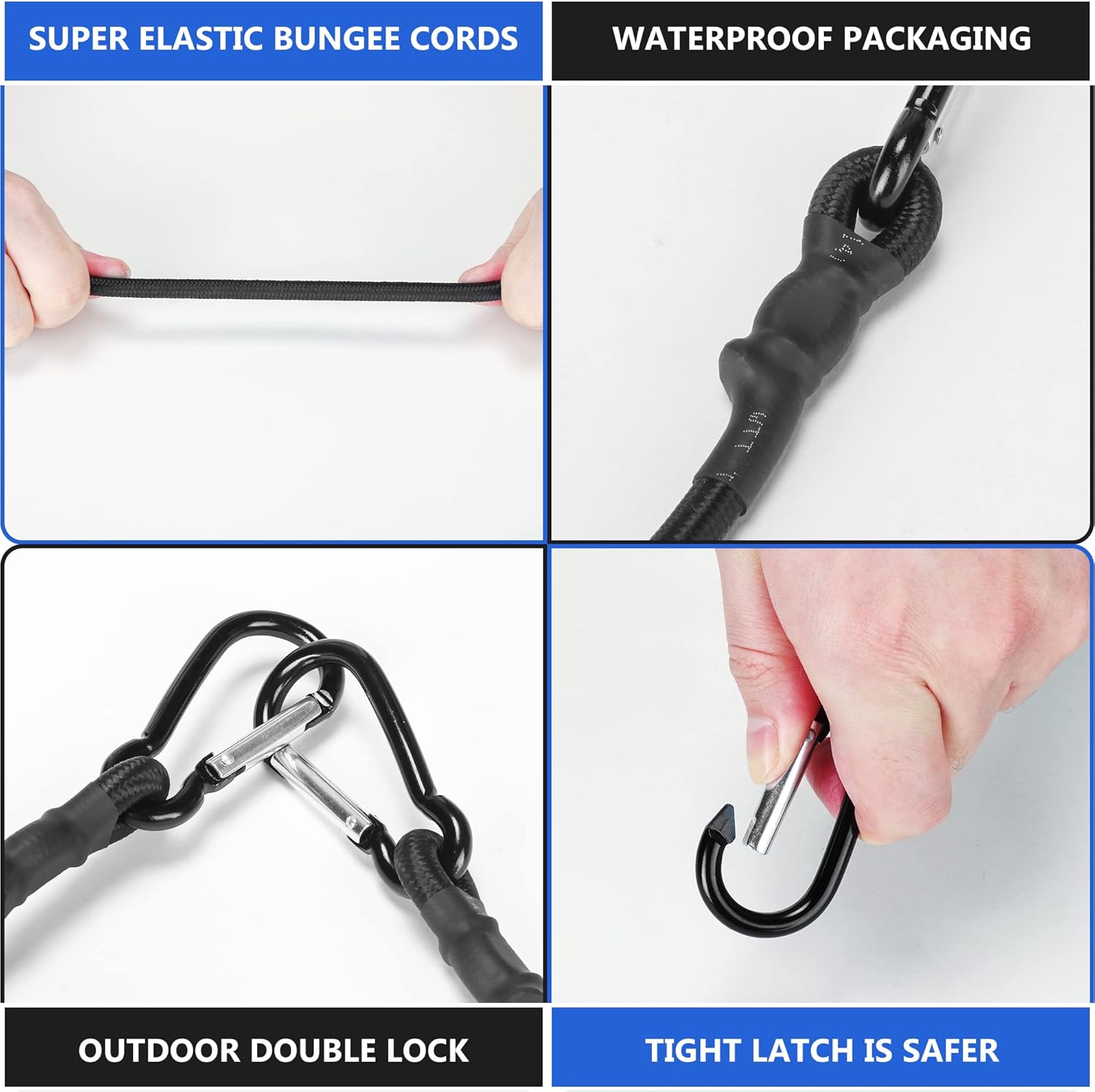 Lanlord Látex negro resistente al aire libre 20 pulgadas cuerdas elásticas con ganchos de mosquetón 20 pulgadas BC6pcs