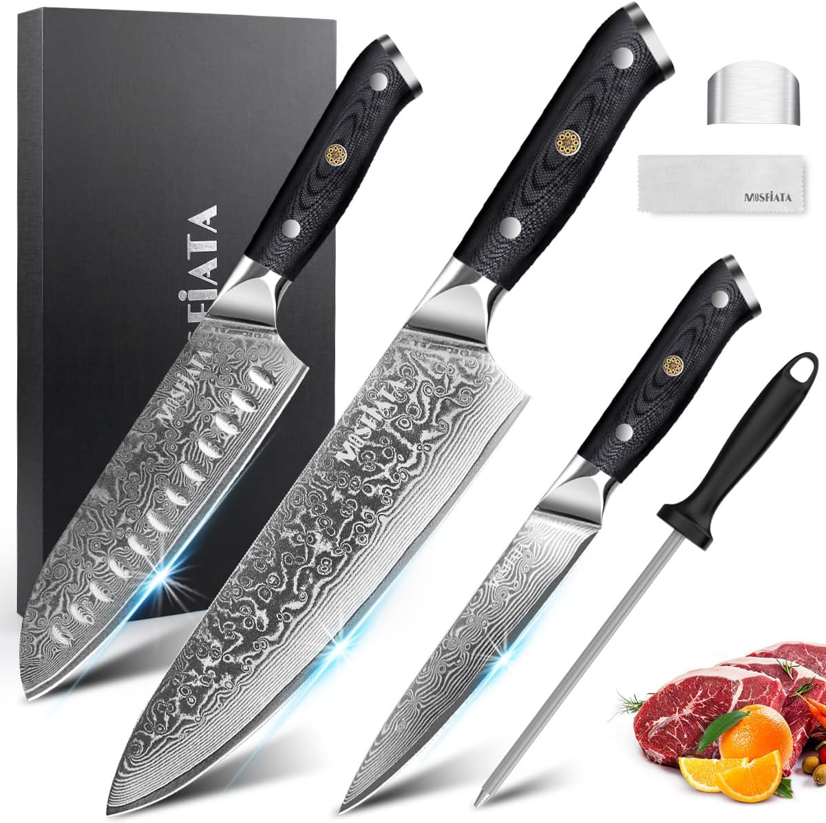 MOSFiATA Juego de cuchillos de chef profesional de Damasco, 3 piezas, cuchillo de chef de 8 pulgadas, cuchillo Santoku de 7 pulgadas y cuchillo