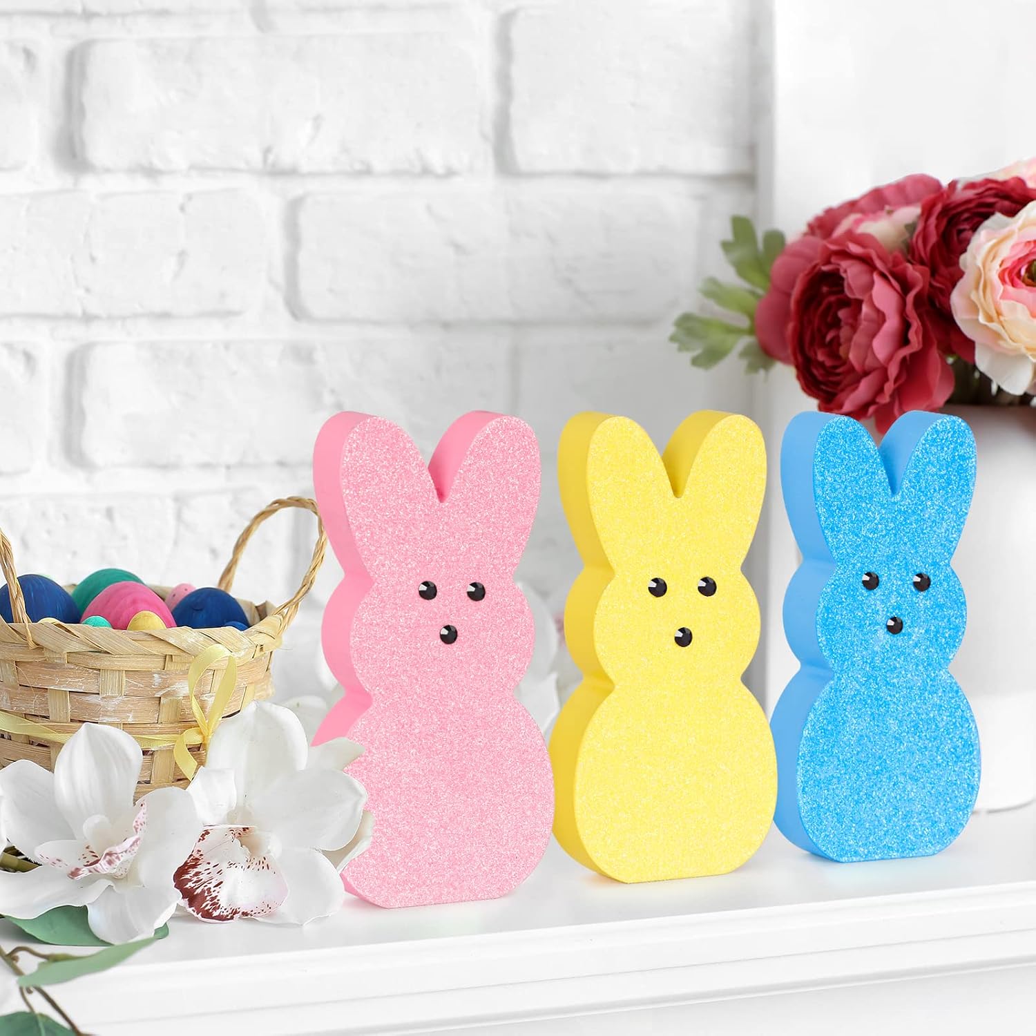 Decoración de Pascua, 3 piezas de letreros de madera de Pascua brillantes para bandeja escalonadamanteldecoración de mesa, estilo de píos con ojos 3D