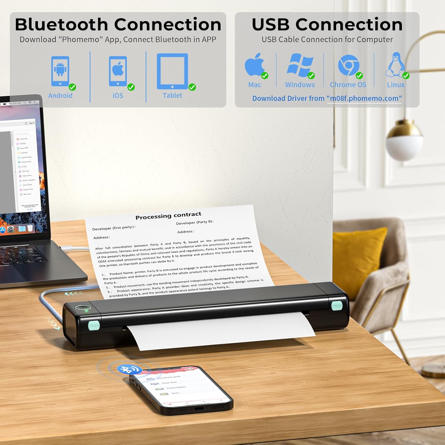Phomemo Impresora portátil inalámbrica para viajes, impresora térmica M08F para uso doméstico, impresora Bluetooth sin tinta, compatible con papel