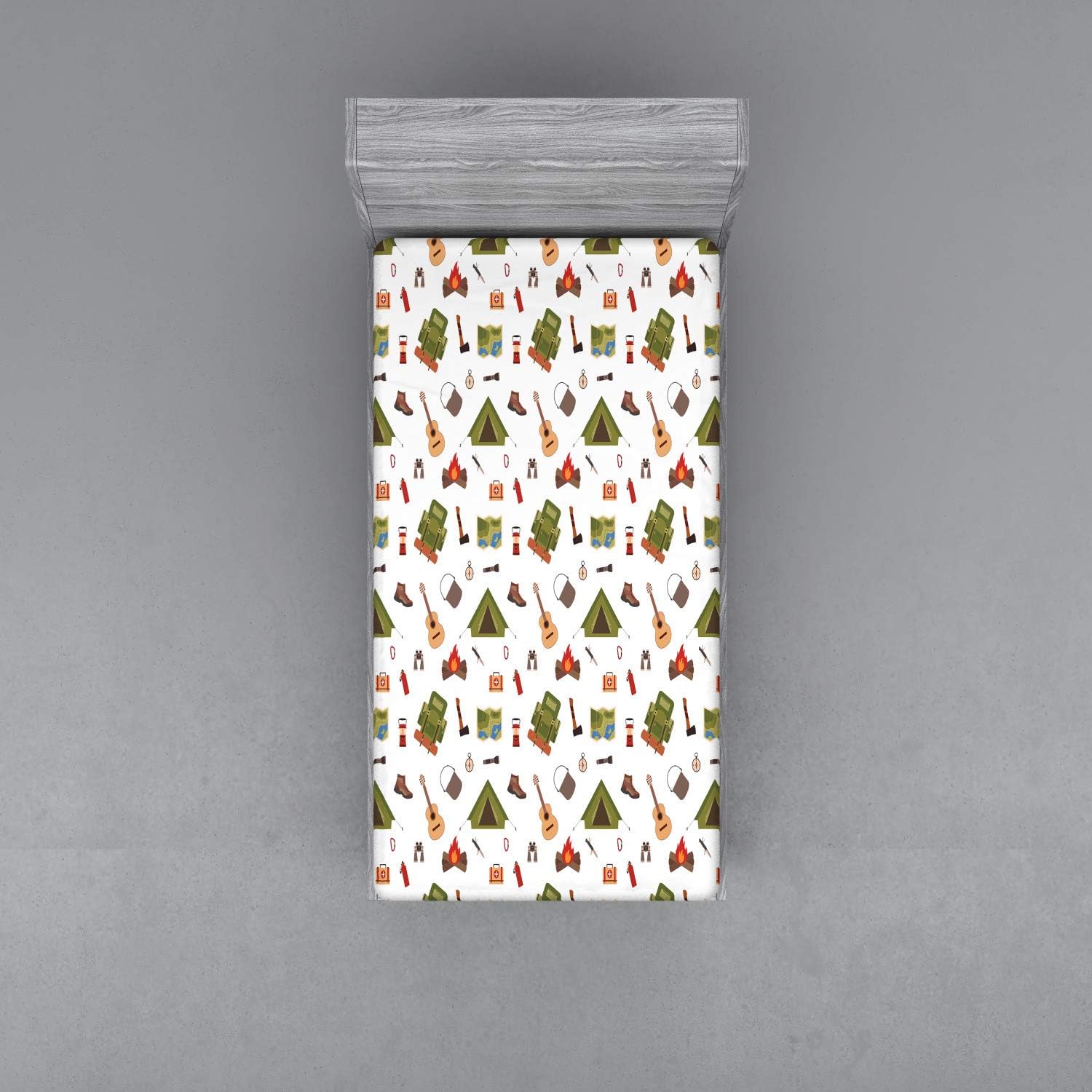 Ambesonne Sábana bajera ajustable para campamento, diseño de guitarra y brújula de aventura con estampado de dibujos animados de bosque, funda de