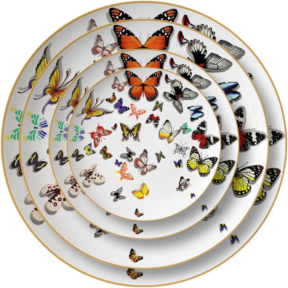Butterfly Bone – Plato de porcelana de porcelana de 10.5 pulgadas, plato de borde dorado, juego de 4, para ensalada, aperitivo, microondas y