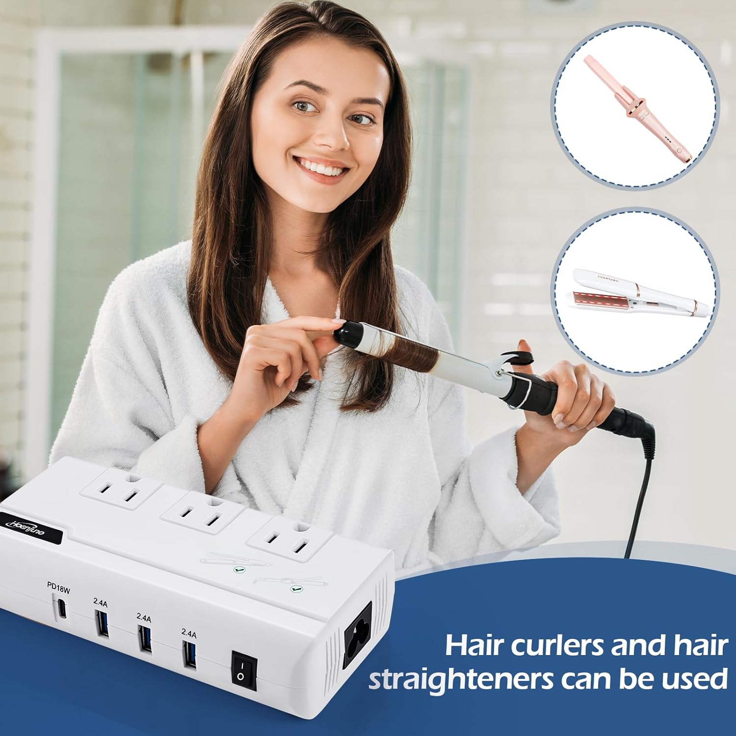 Adaptador de viaje internacional de 220 V a 110 V convertidor de corriente con 18 W PD USB-C para alisador de cabellorizador, adaptador de enchufe