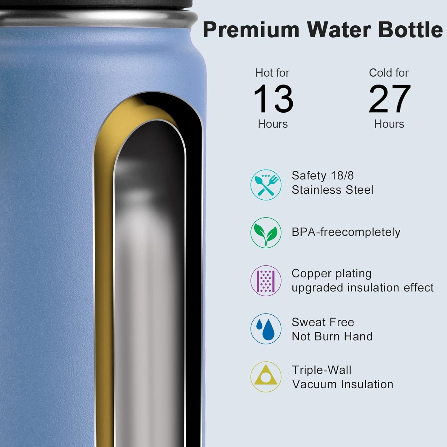 koodee Botella de agua aislada de acero inoxidable de 18 onzas, doble pared al vacío, botella de agua deportiva de boca ancha con tapa de boquilla a