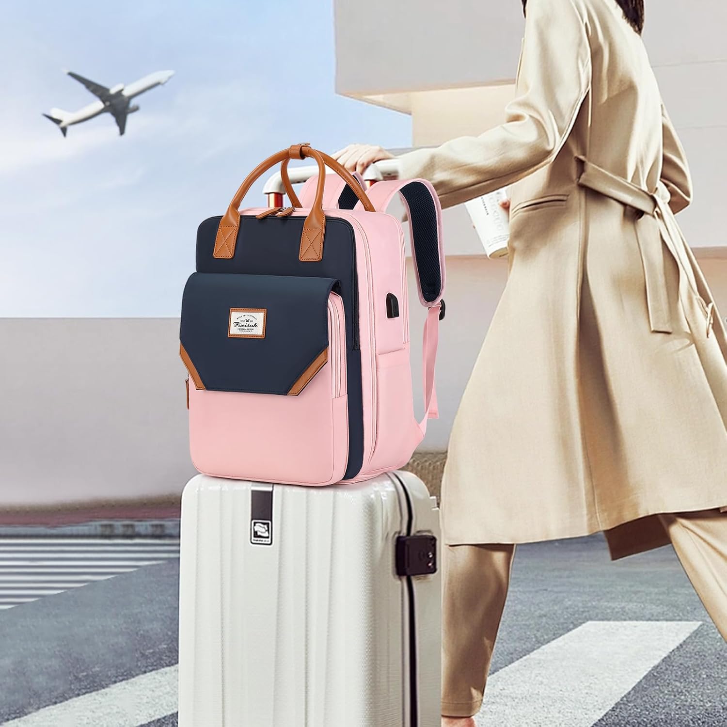 FIXITOK Mochila de viaje grande para mujer, 40L, mochila de equipaje personal, mochila casual, Azul oscuro-rosa, Mochilas de viaje
