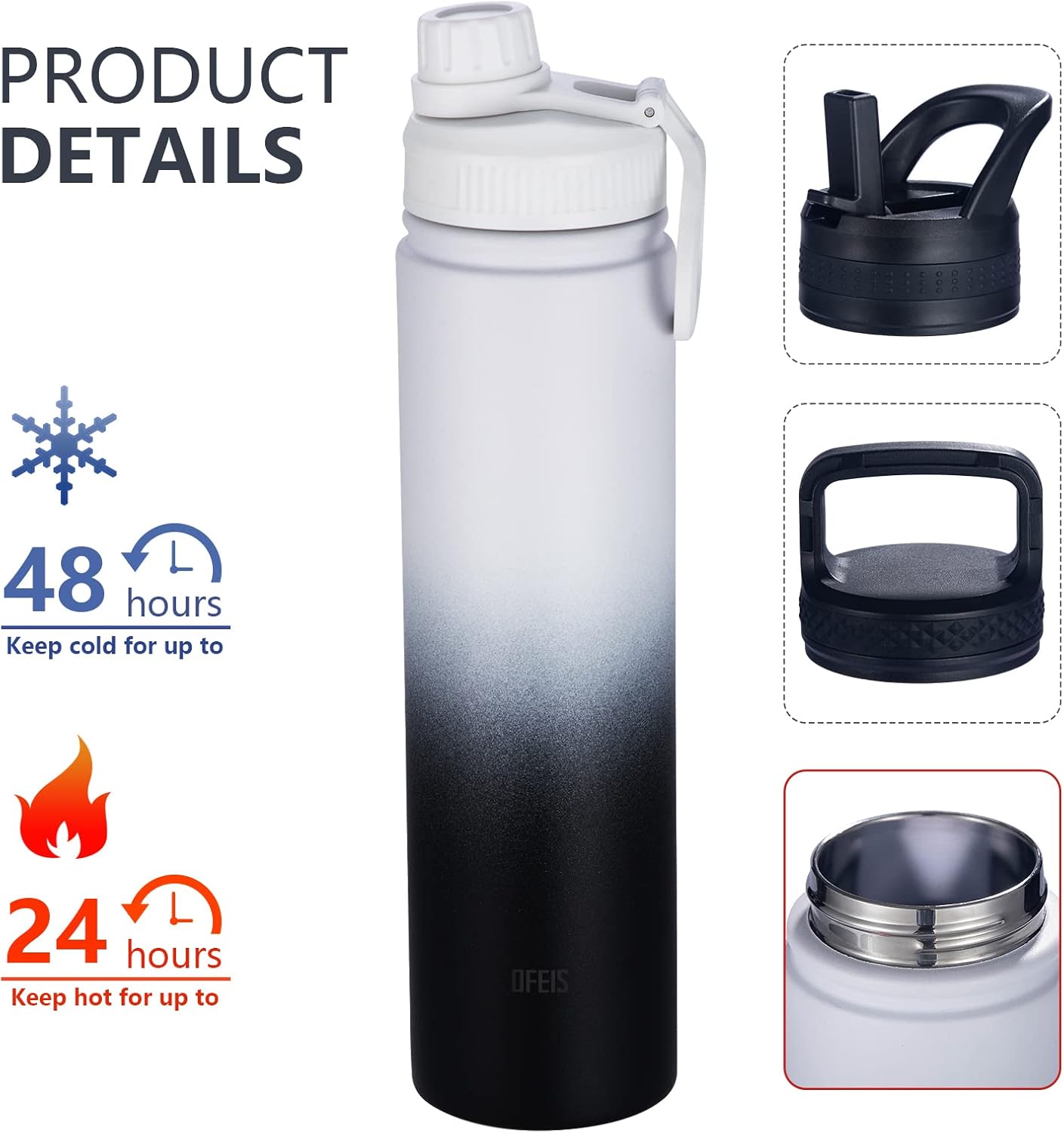 Botella de agua aislada con 3 tapas, frasco de doble pared de acero inoxidable con mango de paracaídas, funda protectora de silicona, 2 popotes, a