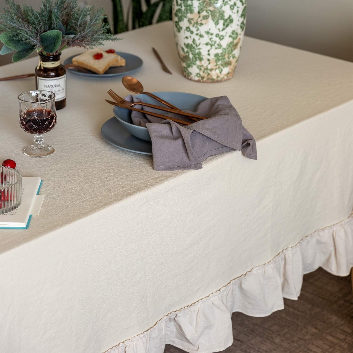 Glory Season Mantel retro con volantes de algodón con volantes de algodón lavable para mesa rectangular, baby shower, cocina, fiesta, decoración de