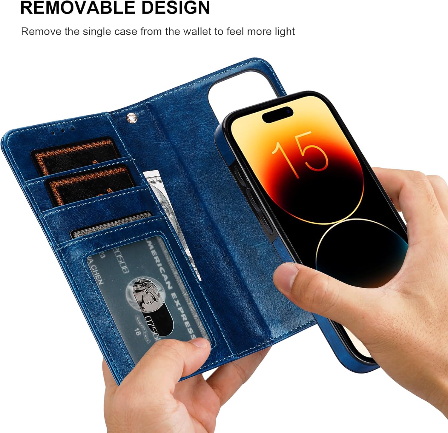 Bocasal Funda tipo cartera desmontable para iPhone 15 Pro con bloqueo RFID, ranuras para tarjetas, soporte magnético de piel sintética de alta