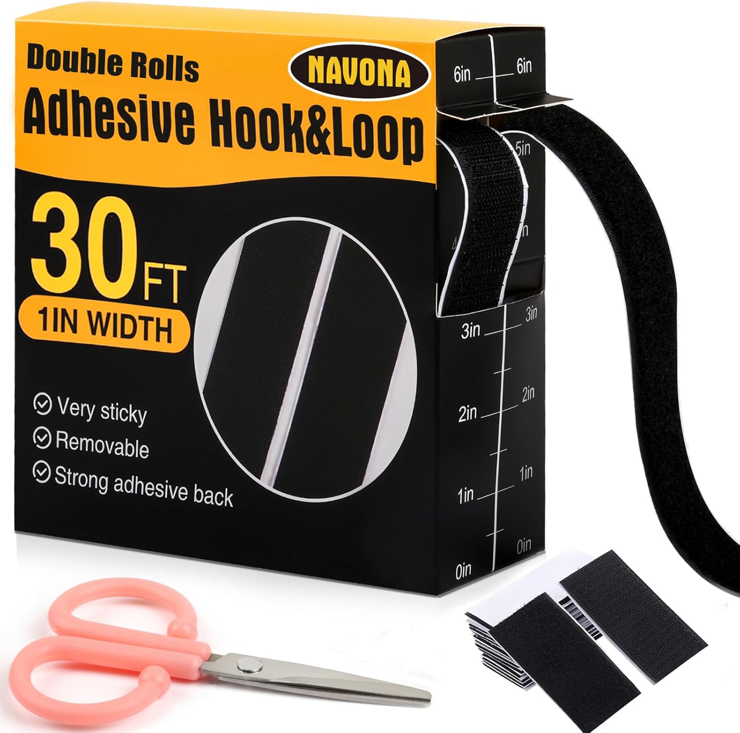 Tiras de velcro de 30 pies x 1 pulgada con adhesivo, rollos dobles de cinta autoadhesiva resistente con respaldo, cinta autoadhesiva de nailon para