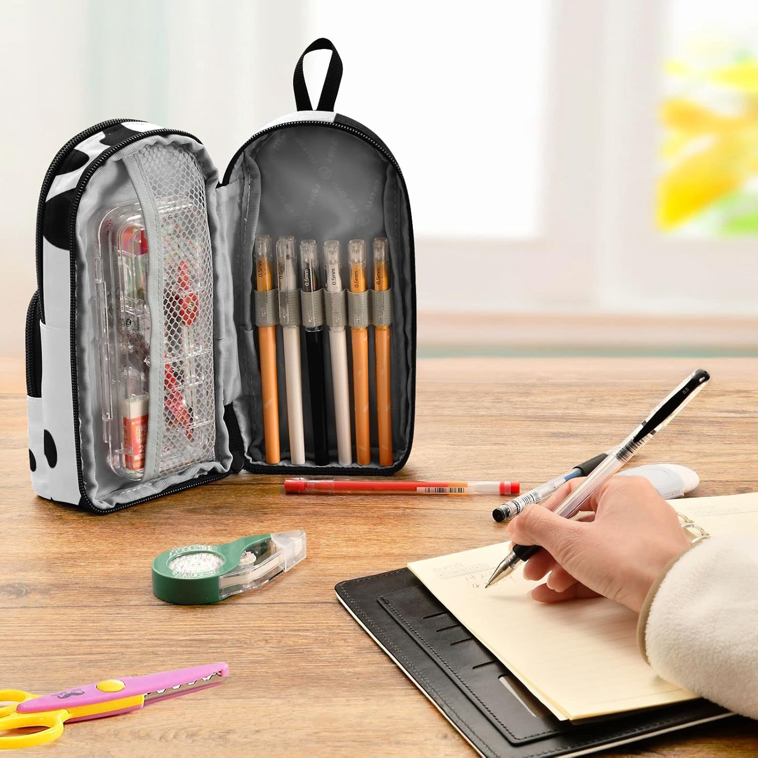 Estuche para lápices de piel de vaca negra, bolsa de gran capacidad con compartimento, organizador de papelería con forma de mochila escolar para