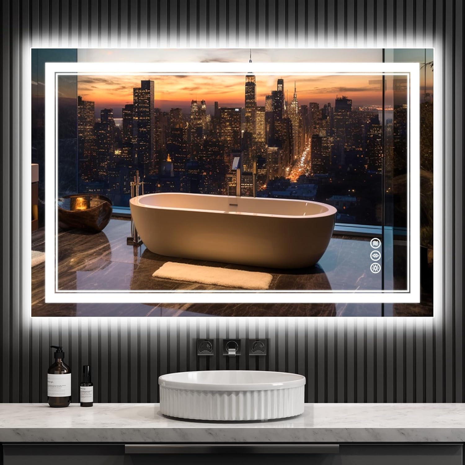 Espejo de baño LED mejorado de 48 x 32 pulgadas con luces, frontal y retroiluminado, antiniebla, regulable, espejo de baño iluminado para pared,