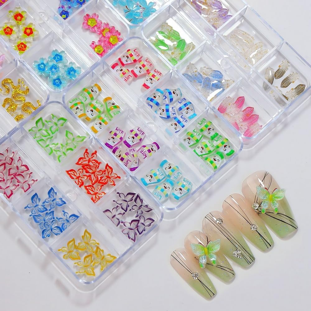 6 encantos de uñas en caja de 36 rejillas 3D para decoración de uñas, dijes de resina de color acrílico, blanco, rosa, negro, amarillo, verde,