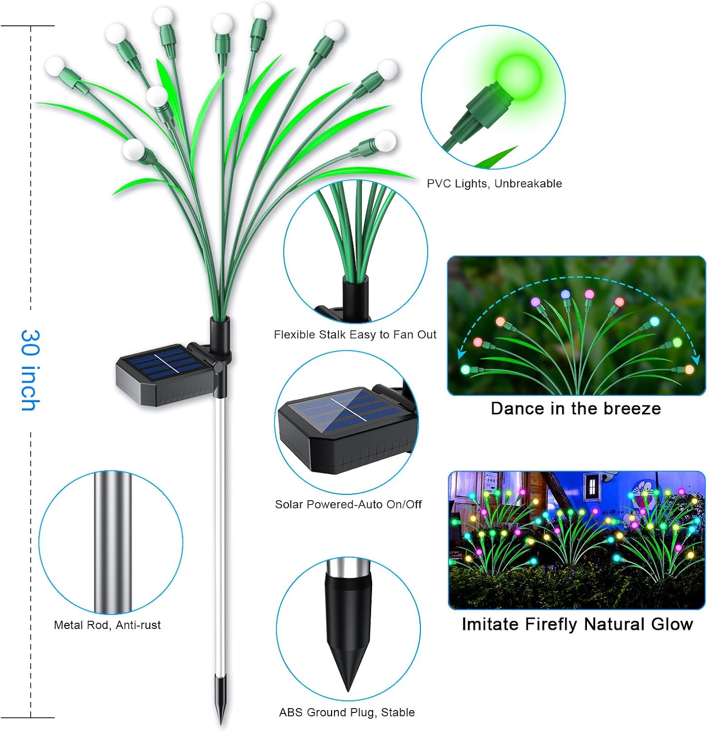 Paquete de 4 luces solares de jardín, 10 luces LED RGB alimentadas por energía solar, luces solares impermeables para exteriores, luces solares de
