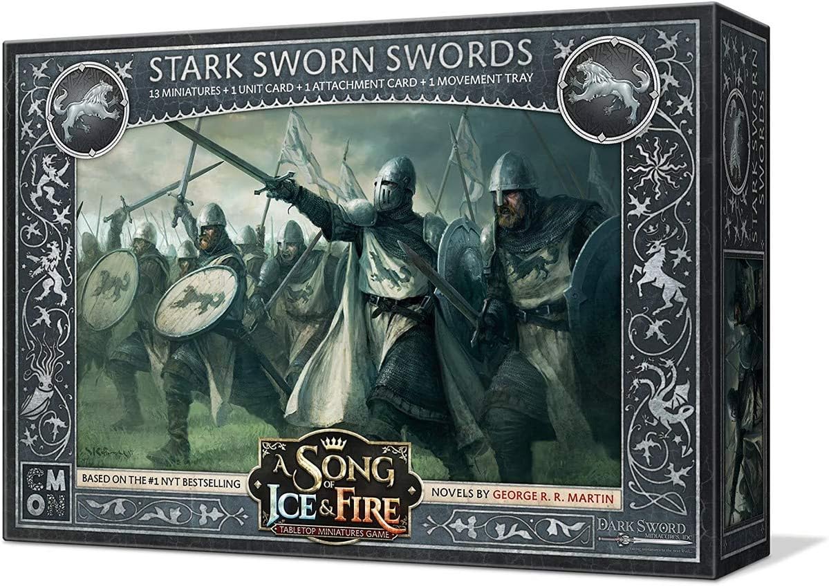 CMON Juego de miniaturas de mesa de una canción de hielo y fuego, caja de unidades de espadas juradas Stark – Promesa de lealtad a House Stark!