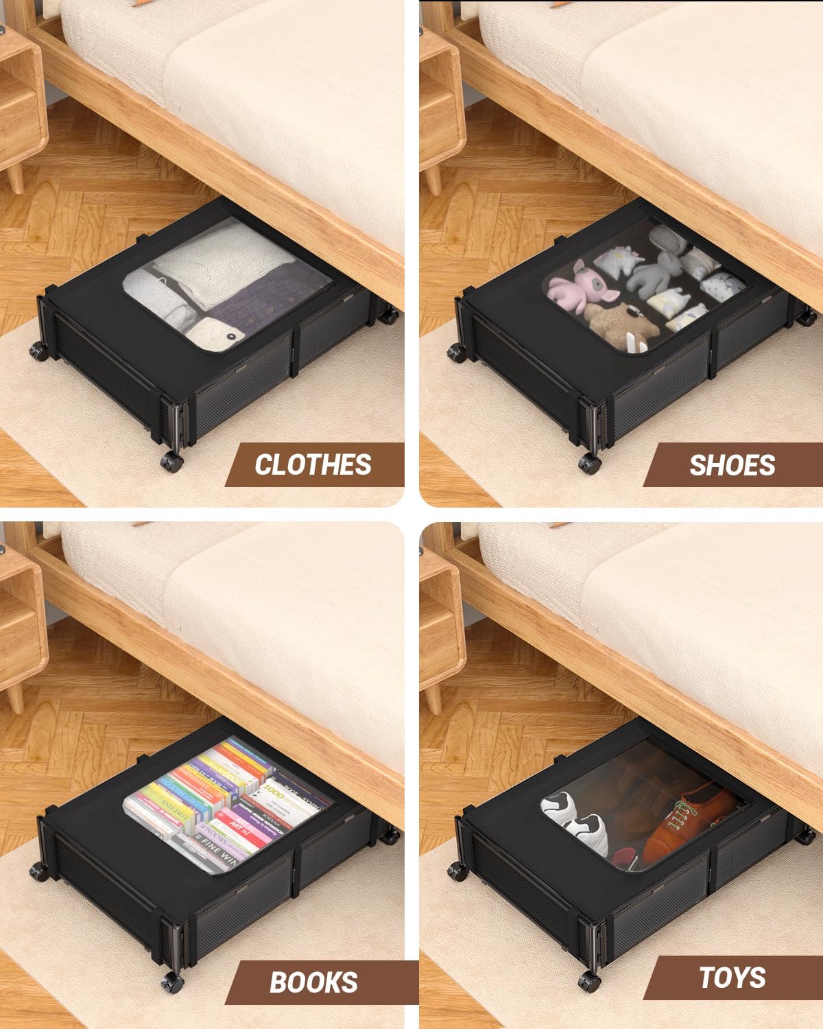 Almacenamiento debajo de la cama con ruedas, cajón de almacenamiento plegable debajo de la cama con tapa y cremallera, contenedor de metal rodante